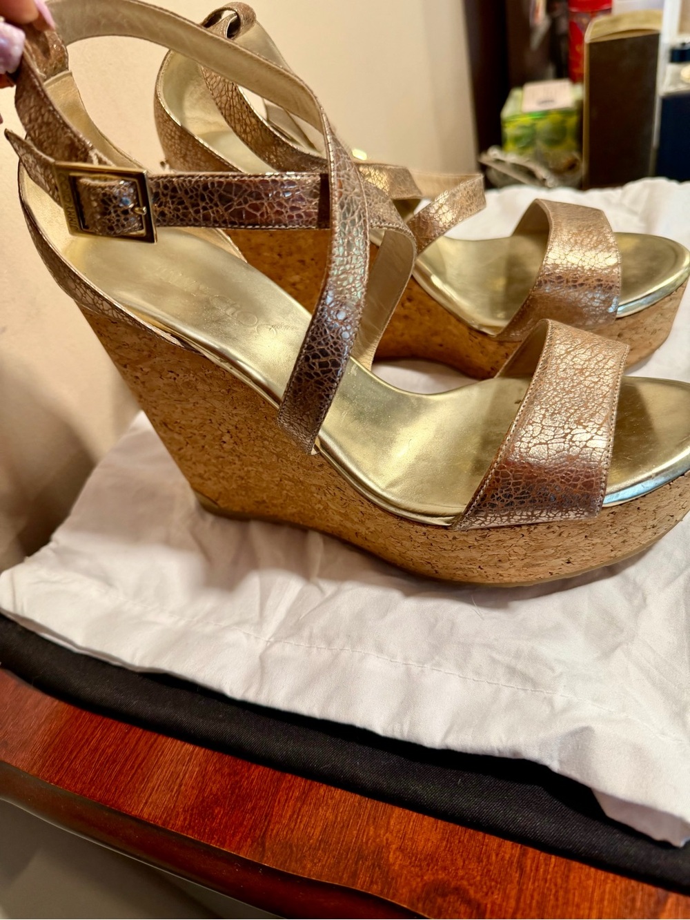 Jimmy Choo Metallic Gold Cork Wedge Sandals
